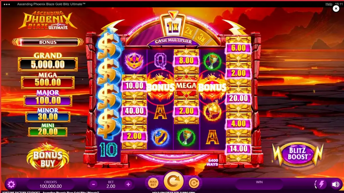 Isang visual na representasyon ng Ascending Phoenix Blaze Gold Blitz Ultimate slot na nagpapakita ng mga gintong simbolo at apoy.