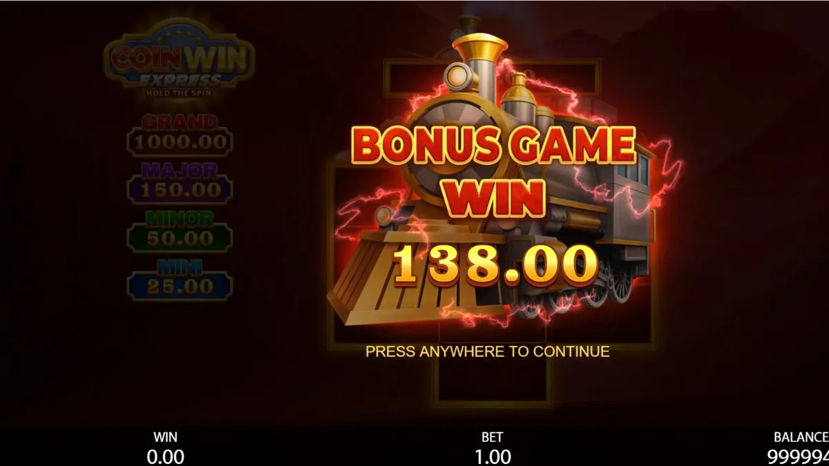 Isang makulay na slot machine na may temang tren at gintong mga barya mula sa Gamzix.