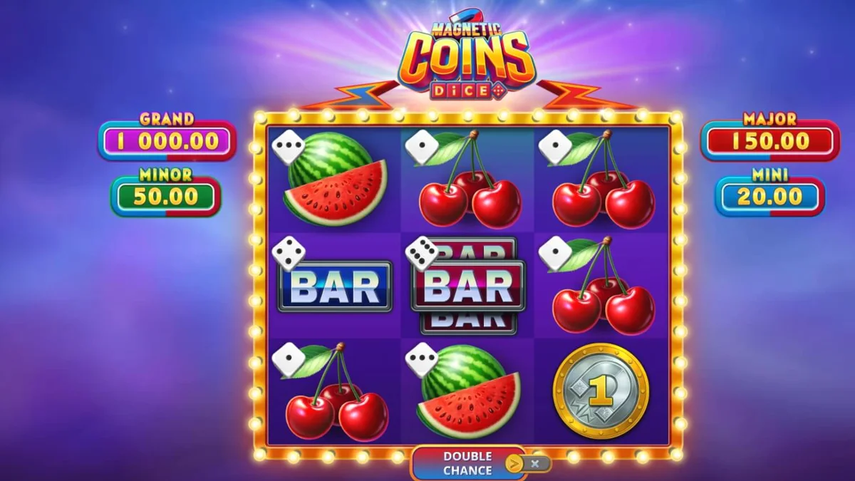 Visual na presentasyon ng Magnetic Coins Dice slot na may mga kumikinang na barya at magnetikong tema