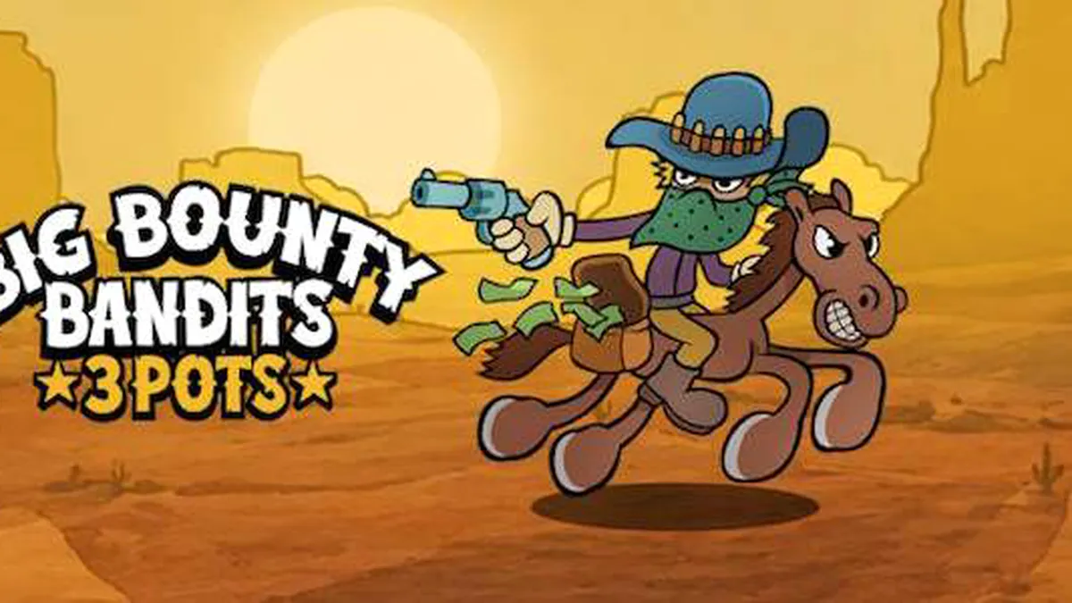 Isang masiglang eksena mula sa Big Bounty Bandits: 3 Pots slot na nagpapakita ng mga bandit at gintong barya.